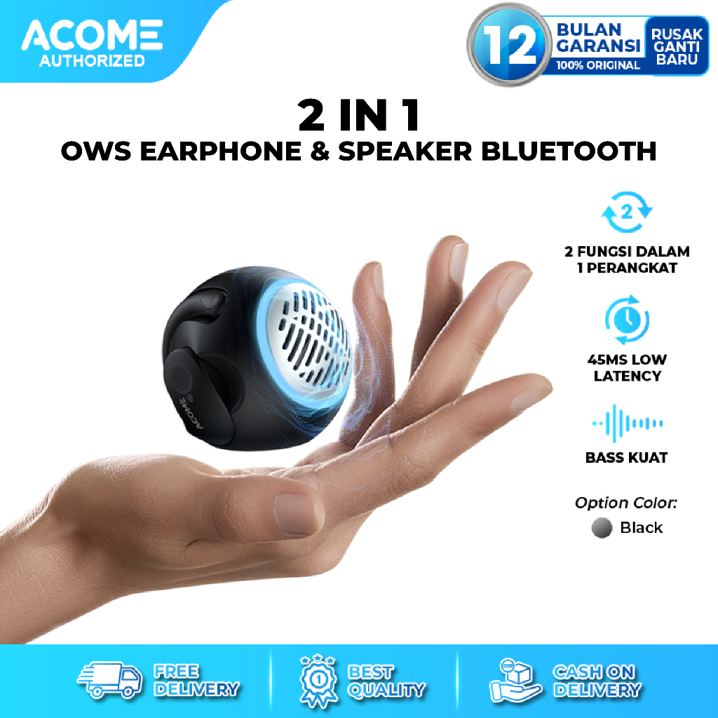 ACOME 2 in 1 Earphone and Speaker Bluetooth 5.4 Low Latency 45ms Stereo Super Bass A21 Original - Ga