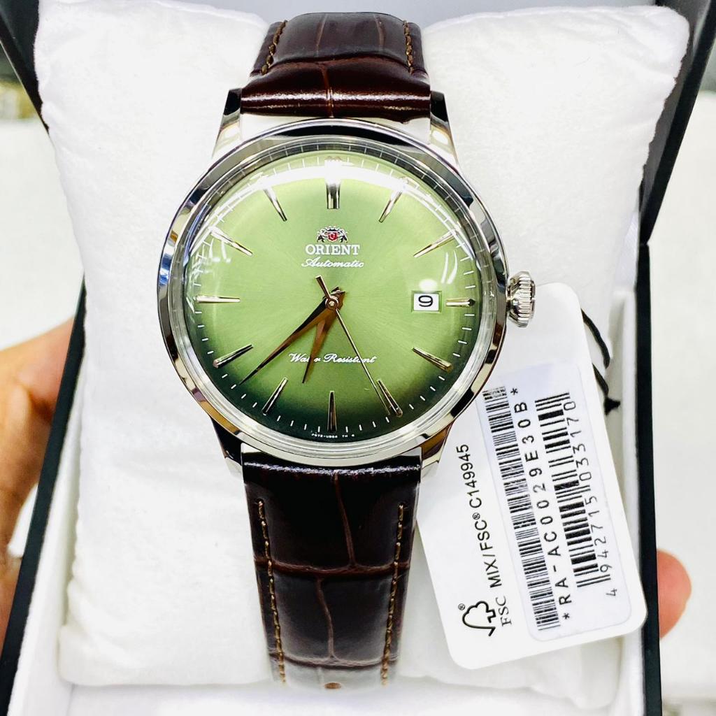 ORIGINAL Jam Tangan Pria Orient Bambino RA-AC0029E Automatic Green Gradation Dial Brown Leather Stra