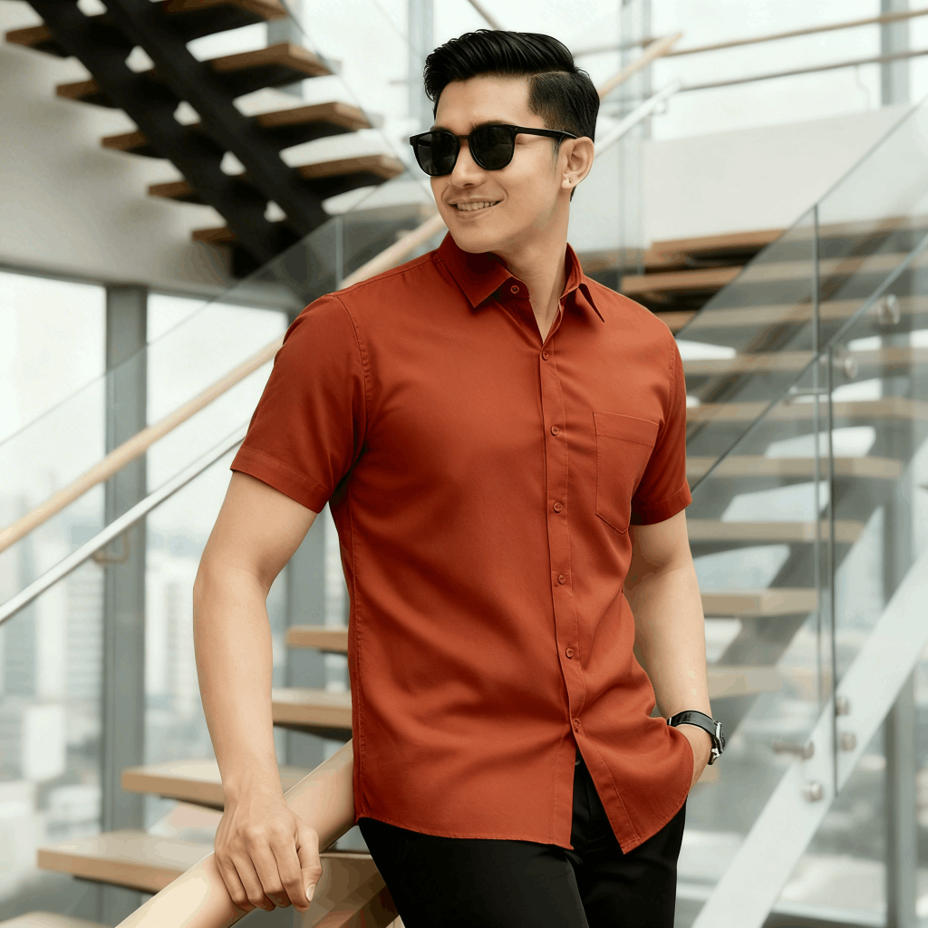 Tangiowild Kemeja Pria Polos Lengan Pendek Tekstur 3D | Poshboy Leisure Shirt