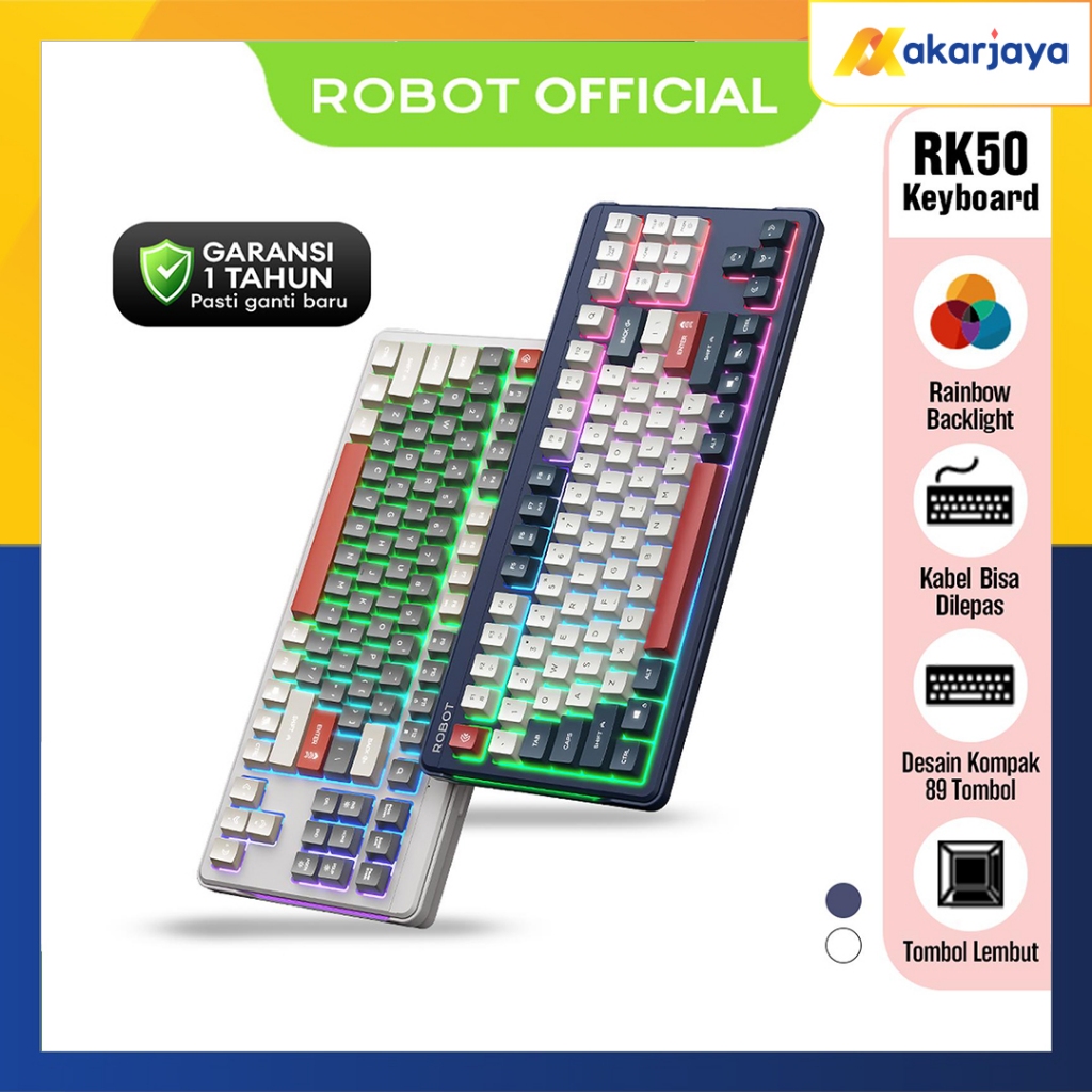 ROBOT RK50 Wired Keyboard Kabel Rainbow Backlight Type-C 89 Tombol Kompak Lembut Senyap Ergonomic De