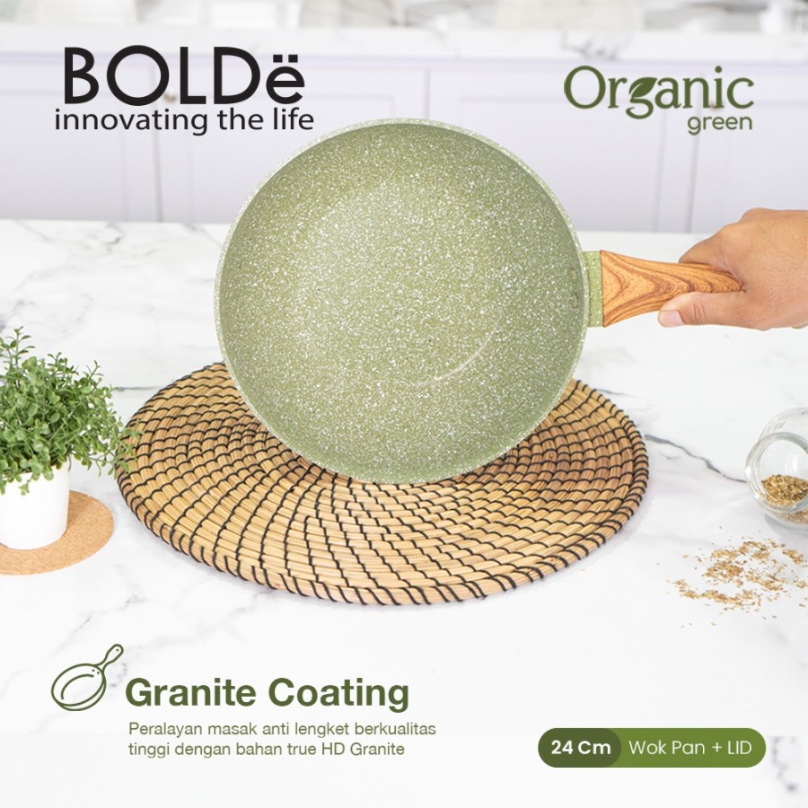 BOLDe ORGANIC GREEN WOK PAN ( WAJAN ) 24 CM + Lid TUTUP KACA - SUPER PAN GRANITE SERIES PENGGORENGAN
