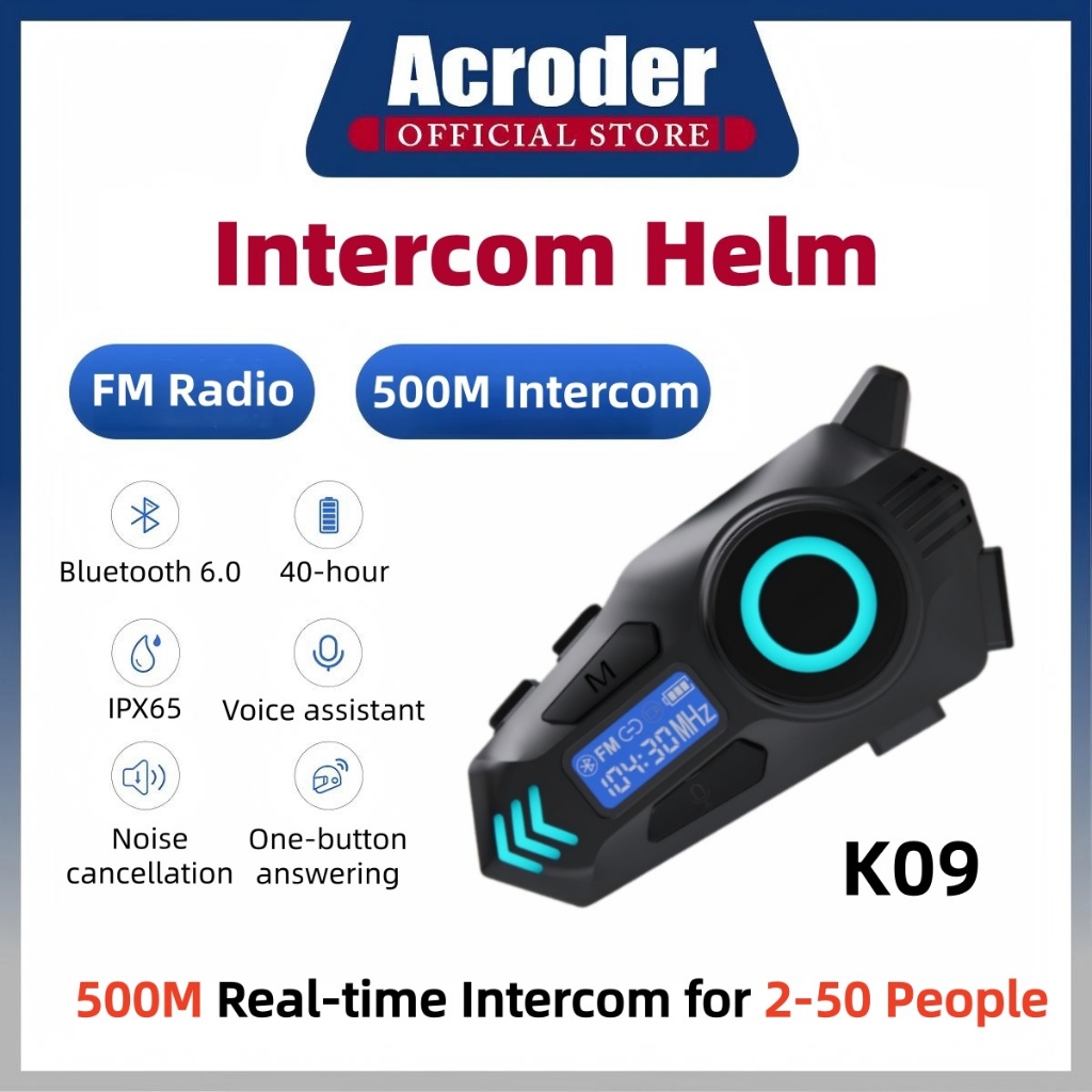Acroder Intercom Helm K09 2-50 Riders 500M FM Radio Bluetooth 6.0 IPX65 Voice Assistant