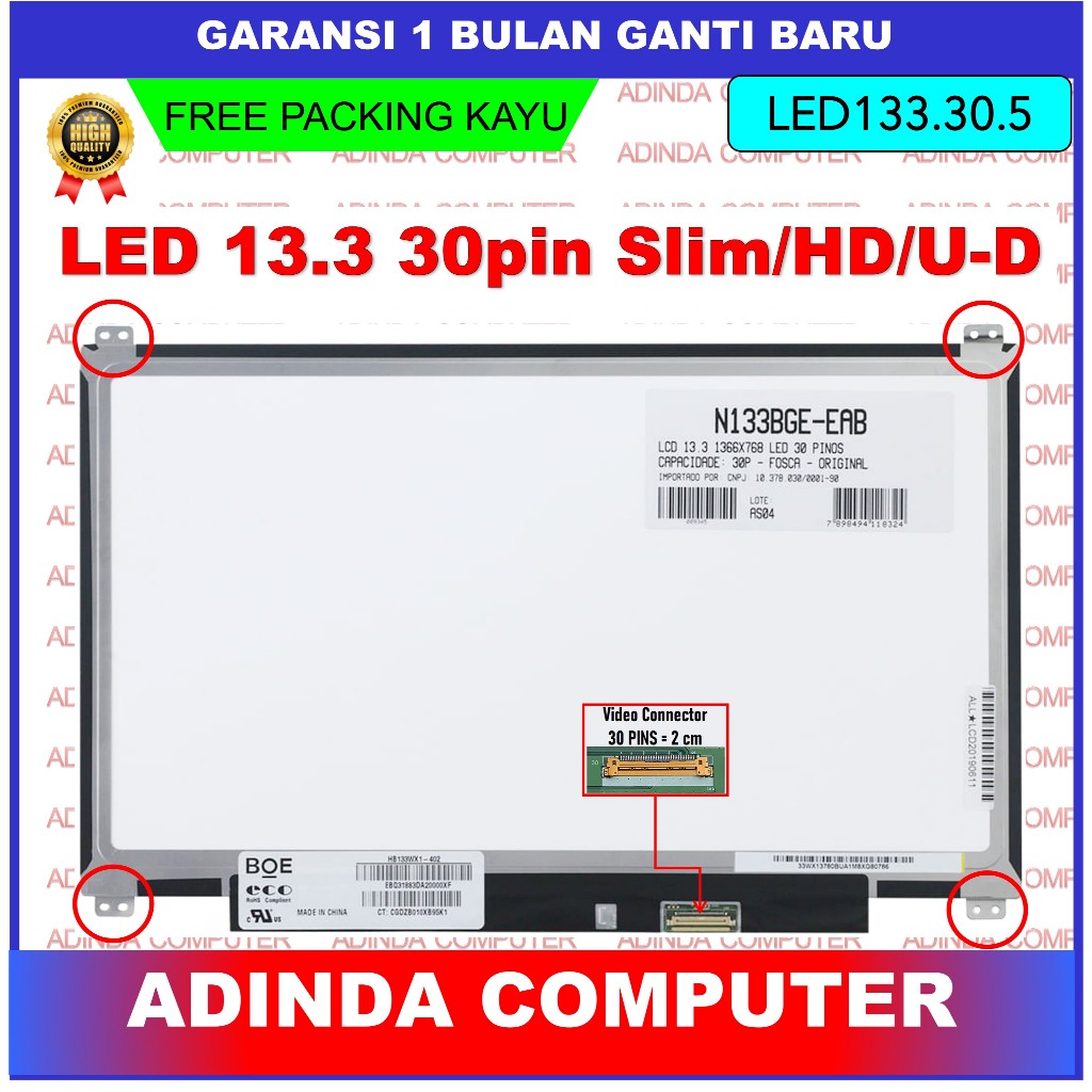 LCD LED Acer Travelmate P2 P238 TMP238-M 13.3 13 Inch 30 Pin 30pin Slim Tipis HD Bracket Kuping Baut