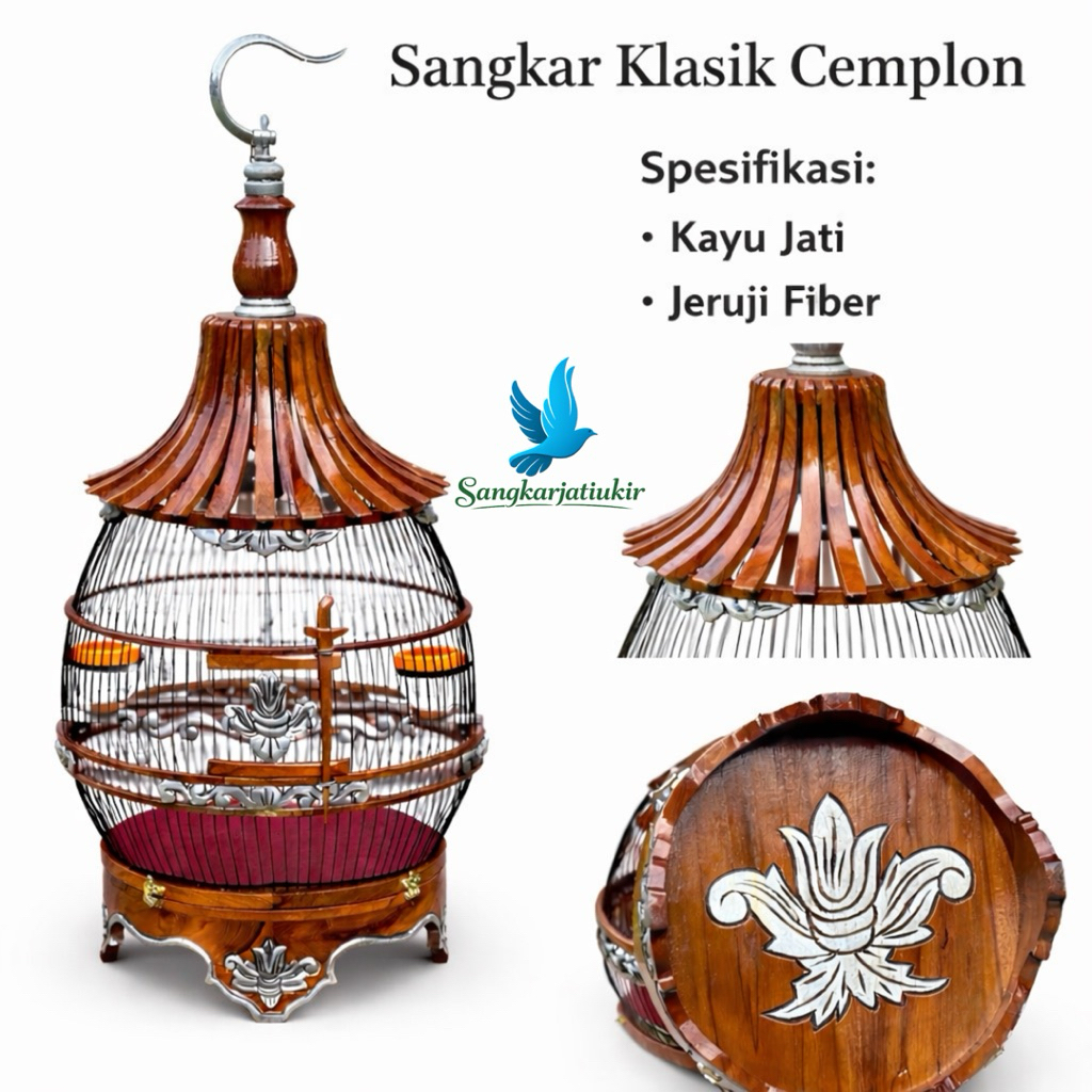 Sangkar Perkutut Cemplon Klasik Kayu Jati Ukiran Jepara Jeruji Fiber Terlaris