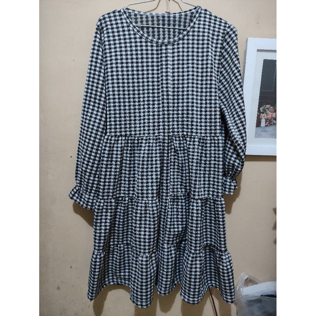 Preloved Dress Tunik Kotak-Kotak Hitam Putih