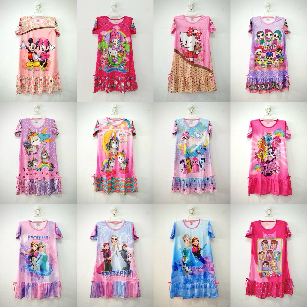 Dress Anak Jumbo / Daster Anak Jumbo Karakter Prozen Fr0zen LOOL Unicorn BETEES Kitty Mouse Mickey u