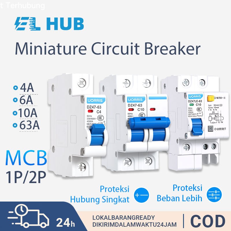 UORRIS MCB DZ47-63 1P 2P & RCBO DZ47LE-63 Pemutus Sirkuit Miniatur AC 4A 6A 10A 63A Proteksi Hubung 