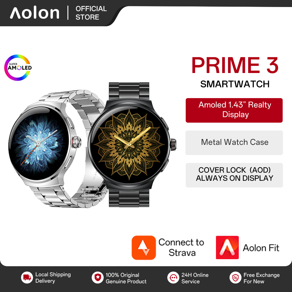 Aolon Prime 3 Smartwatch Original Amoled AOD Metal logam Kompass Bulat AGPS Bluetooth Call sport hea