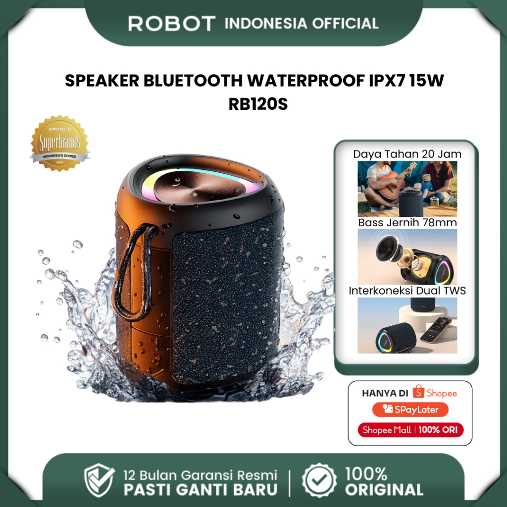 ROBOT Speaker Bluetooth 15W  IPX7 Waterproof Super Bass 78mm RGB Light Speaker Portabel Bluetooth 5.