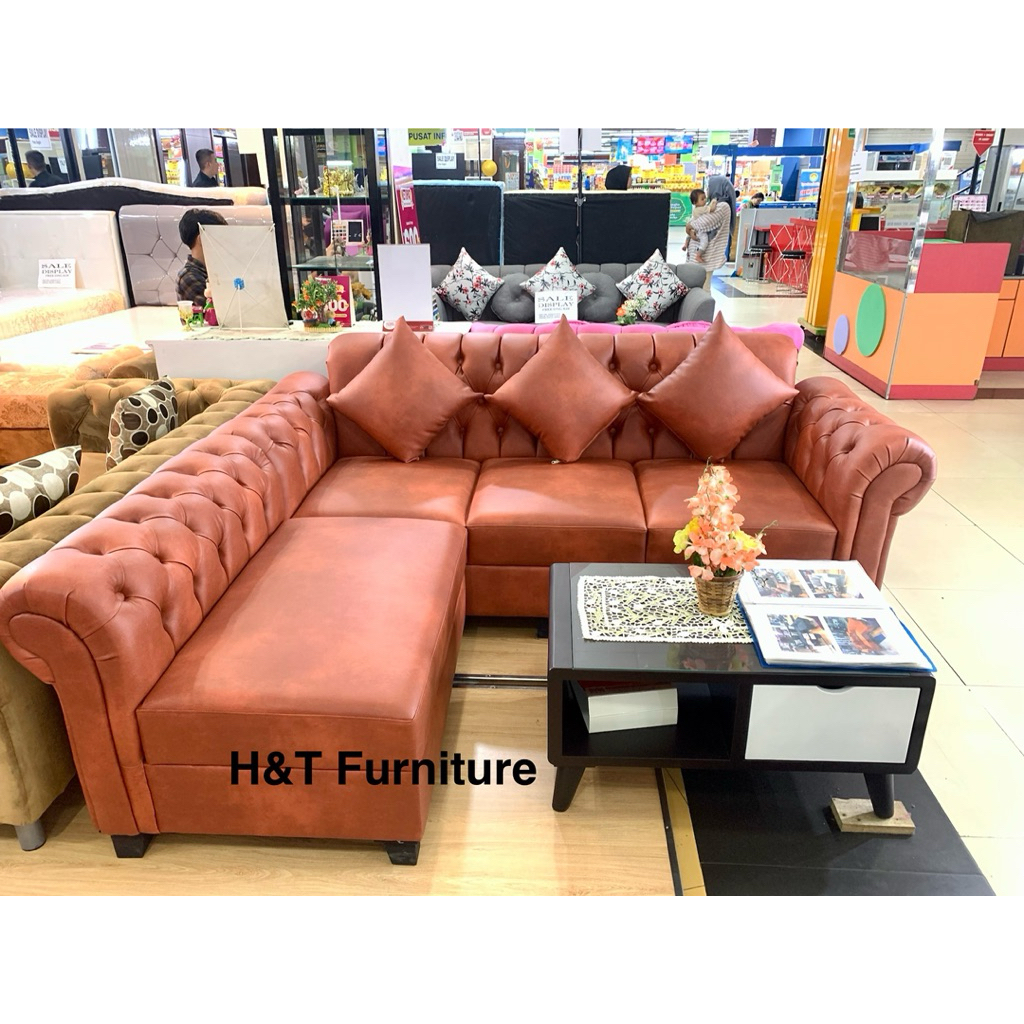 Sofa L Smok Kancing Kain Oscar | Sofa Kulit Kancing | Sofa Ruang Tamu Klasik Minimalis