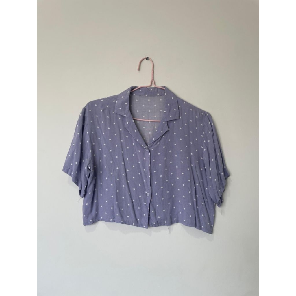 Kemeja Avenue Crop Top Atasan Ungu Wanita Motif Polkadot Lengan Pendek Premium Preloved