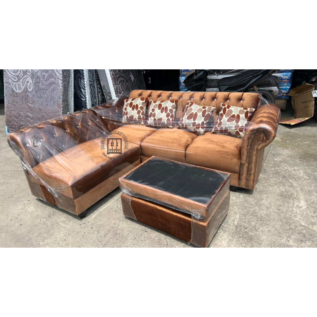 Sofa L Sudut Putus Full Bludru Coklat
