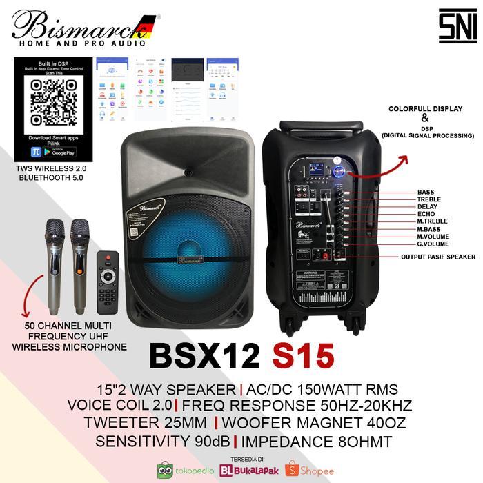 Bismarck Portable Wireless Amplifier BSX12S15 15" 2 Way Speaker dengan 2 Mikrofon UHF Baterai 7mAh D