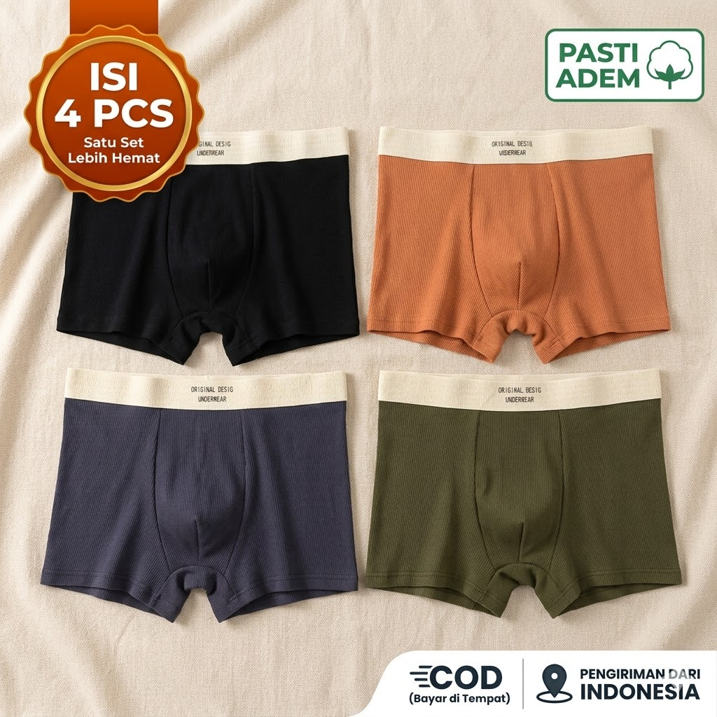 [IsI 4 Pcs] Celana Dalam Pria Boxer Katun Rib Seamless Adem Anti Bakteri CD Cowok Korea Style