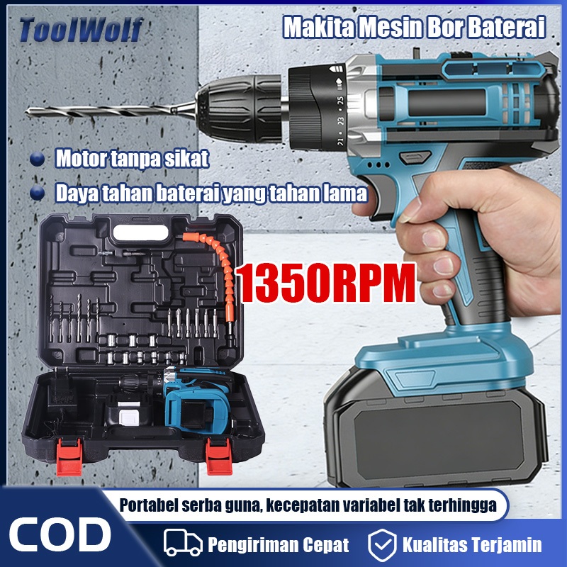 ToolWolf Mesin Bor Listrik Set Alat Mesin Bor Baterai 21V 1350RPM Makita Tanpa Kabel Cocok Untuk Bor