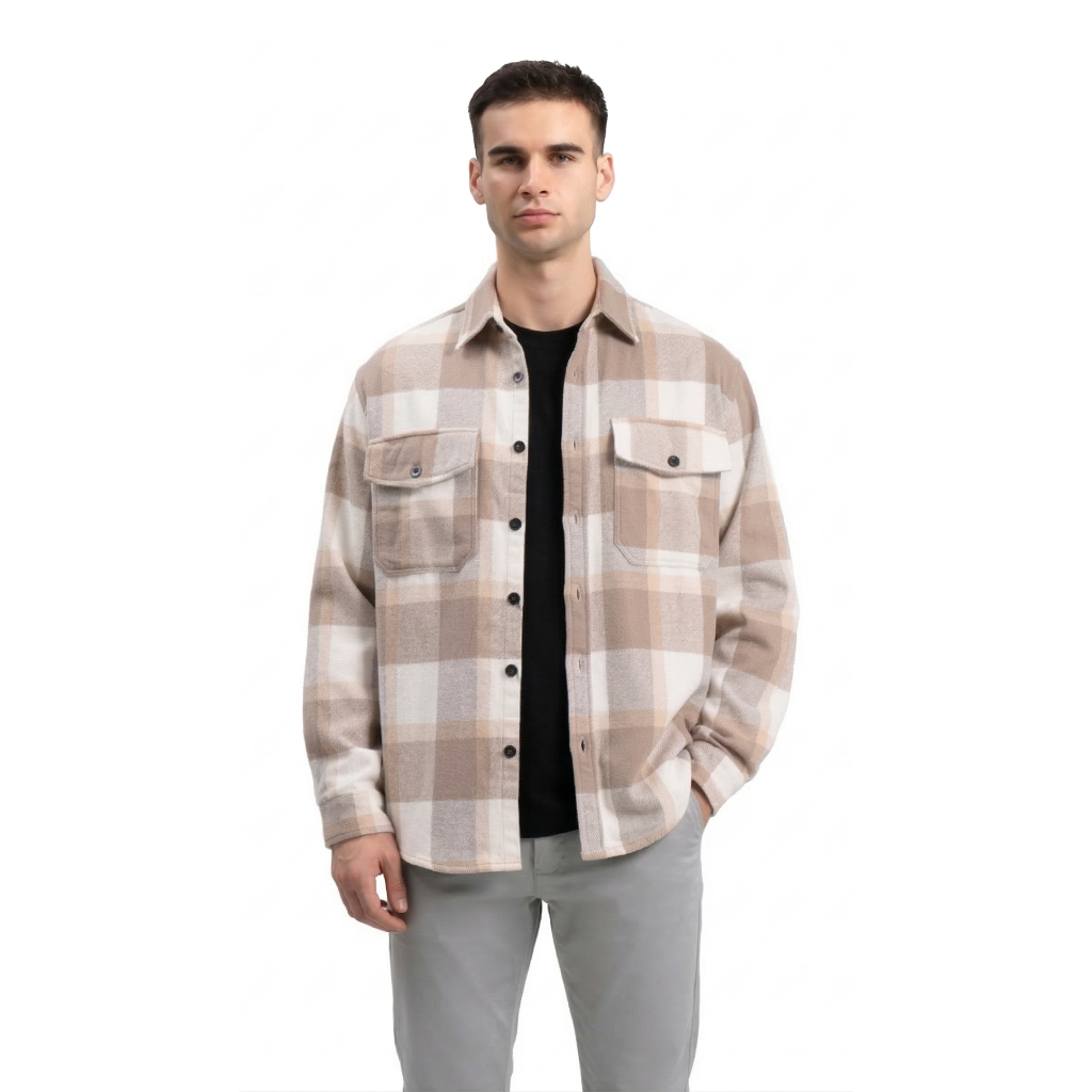 Ribsgold Jaket Pria Shacket Flanel Lengan Panjang Nyaman Outer Tebal Casual