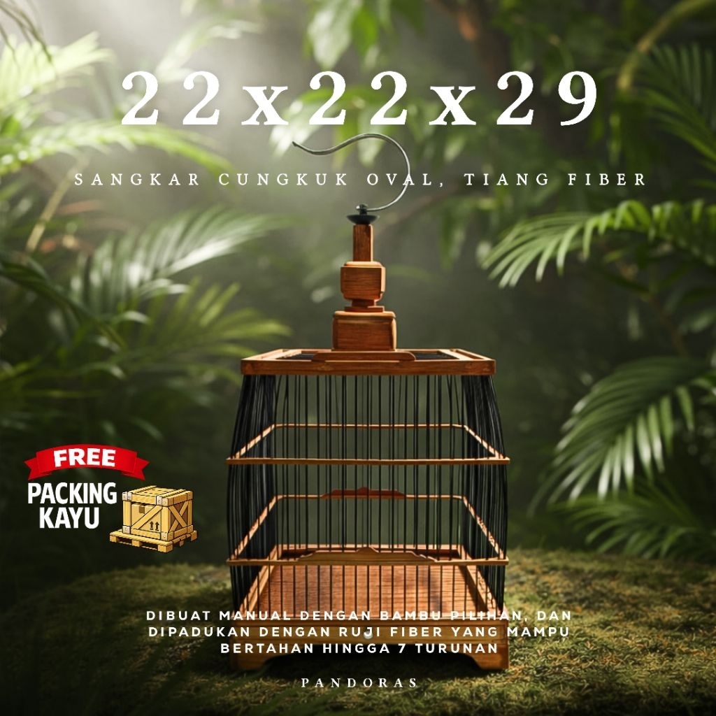 Sangkar Cungkok Oval Minimalis, Bahan Bambu, Ukuran 22x22x29 cm. Untuk Burung Kecil Hingga Sedang.