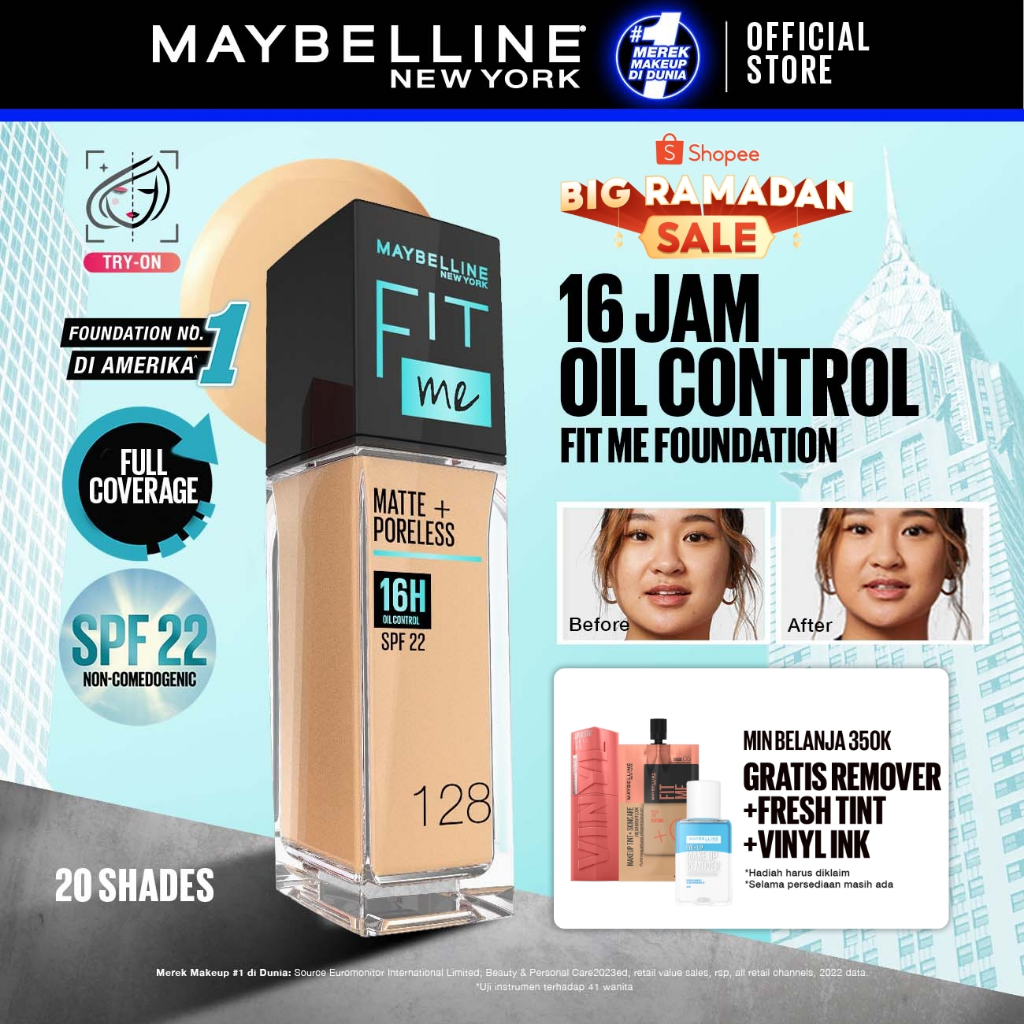 MAYBELLINE OFFICIAL Fit Me Matte + Poreless Liquid Foundation Make Up 30ml SPF 22 Makeup Ringan High