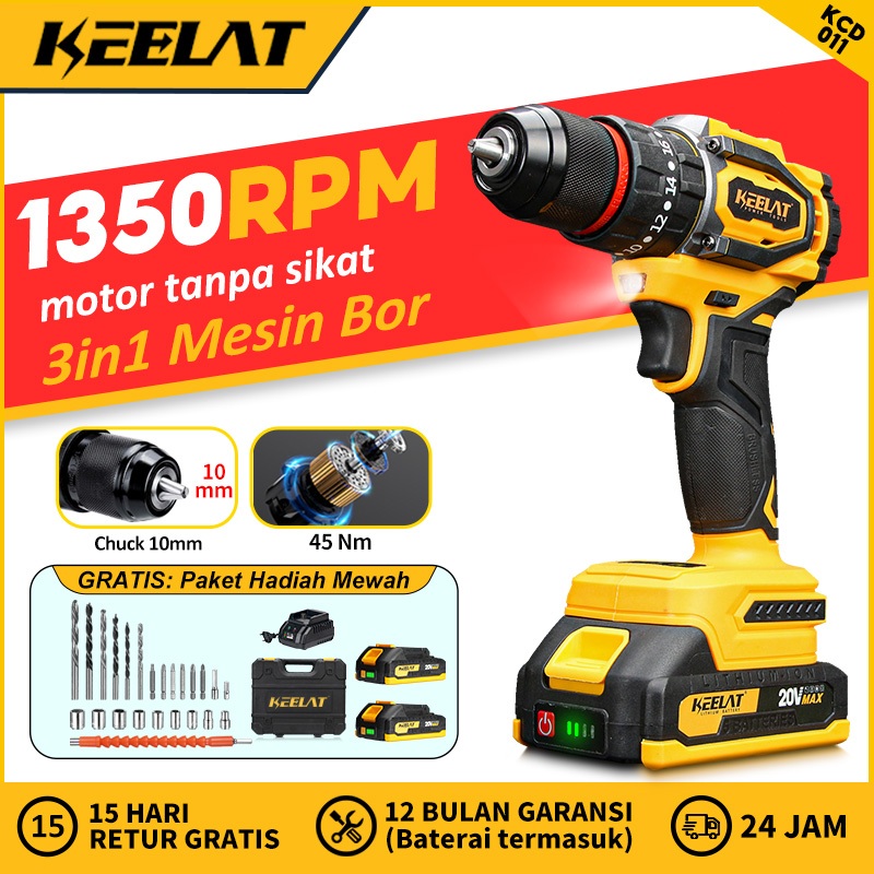 KEELAT KCD011 brushless bor baterai  set lengkap 10mm bor listrik Multifungsi bor cordless Besi temb