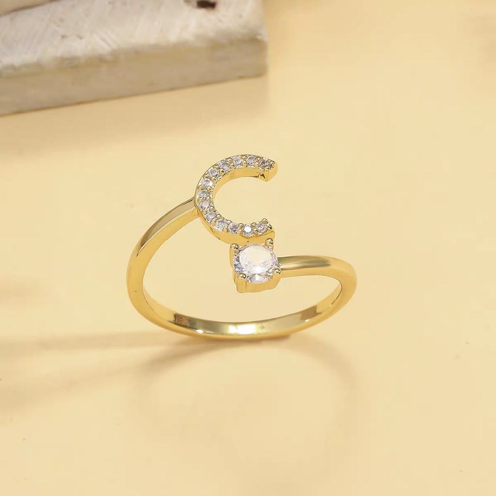 Cincin huruf emas 24K untuk wanita, desain berlian yang stylish, elegan dan anggun pengurangan lemak