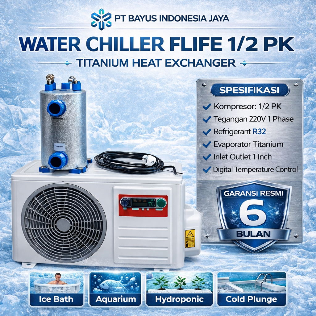 Water Chiller Flife 1/2 PK Evaporator Titanium Chiller Kolam Ice Bath Pendingin Air Aquarium Hydropo