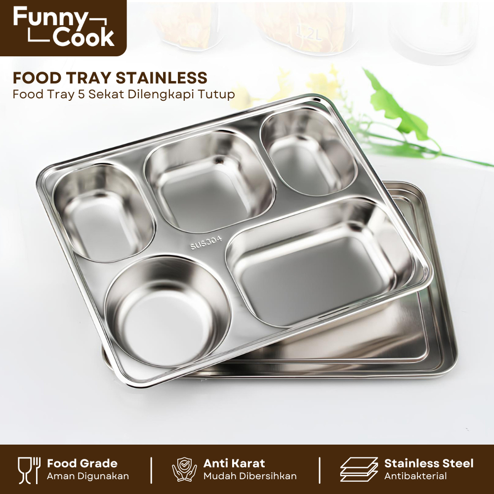 Kotak Makan Stainless Sekat 5 / Lunch Box Sekat 5 / Food Tray Stainless / Mestray Sekat 5 Stainless 