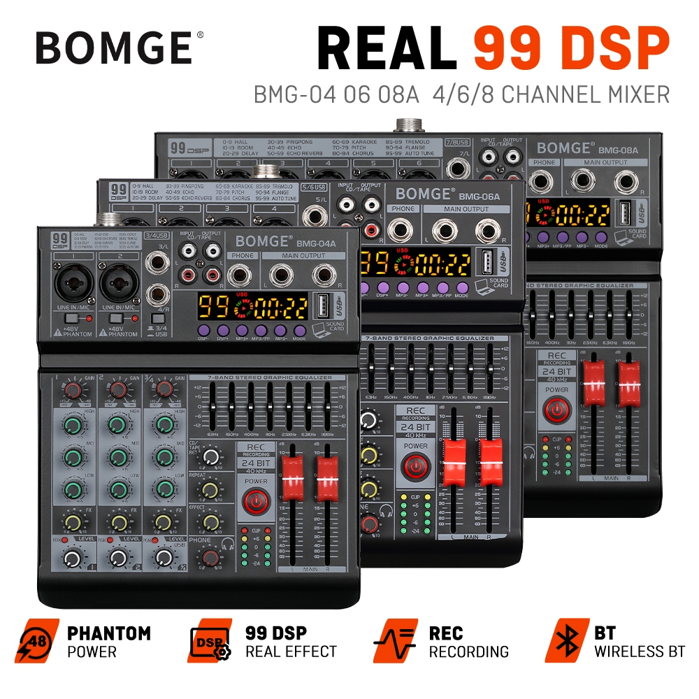 BOMGE 06A Audio Mixer 4/6 Channel Soundcard 99DSP USB/MP3 Echo Delay Effect, Input 48V Phantom Power