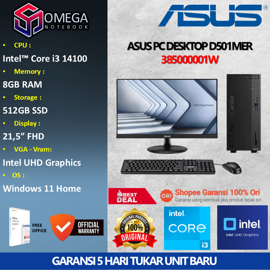 ASUS PC DESKTOP D510MER Core i3 14100 8GB 512GB 21,5 Windows 11 385000001W