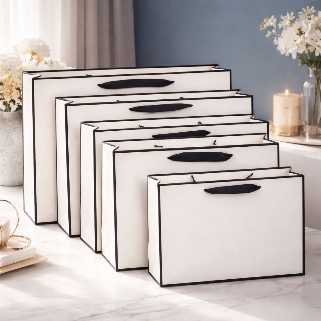 Paper Bag Ribbon Handle / Tas Kertas Putih Hitam Pegangan Pita Kado Gift Kado Hadiah Hampers Goodie 