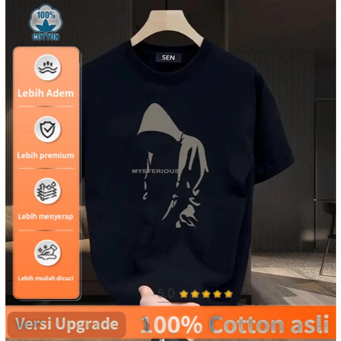 Kaos Pria Wanita 100% Cotton Asli | Desain Kartun Orang Berhoodie "MYSTERIOUS" | T-shirt Casual Nyam