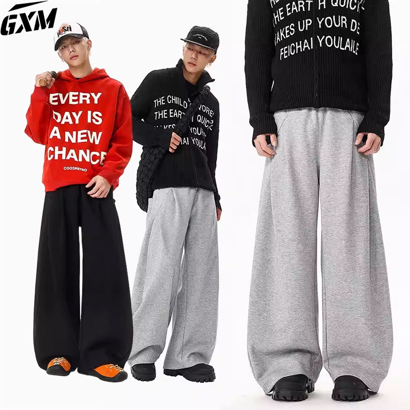 Celana kasual lebar pria hitam/abu Korean Pants Celana longgar celana fashion pria celana harem pria