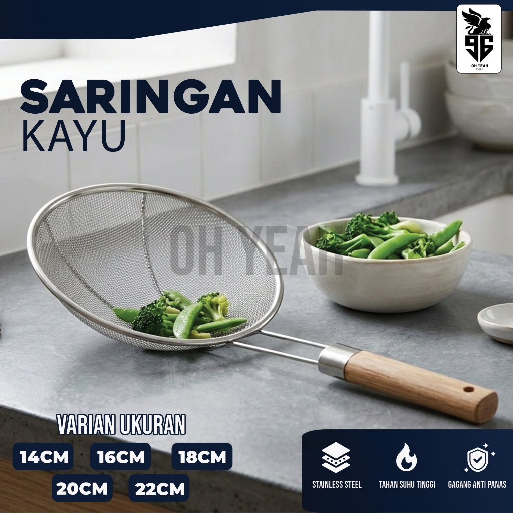 Alat Masak Saringan Stainless Steel Handle Kayu Tahan Panas Awet Ukuran 14 16 18 20 22 Cm | Saringan