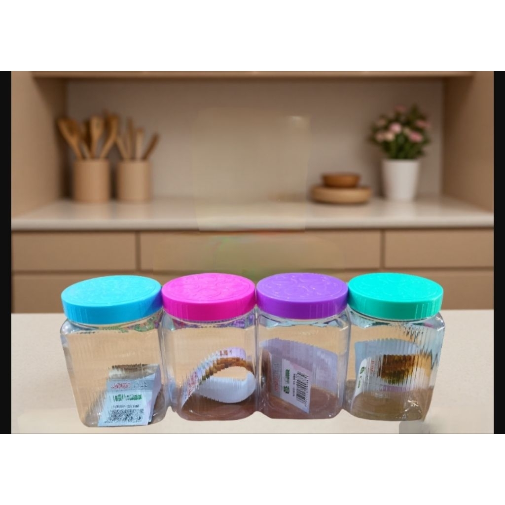 Toples Bening Kotak 1 Liter / Warna Tutup / Toples Kue Kering / Toples Permen / Toples Cupang