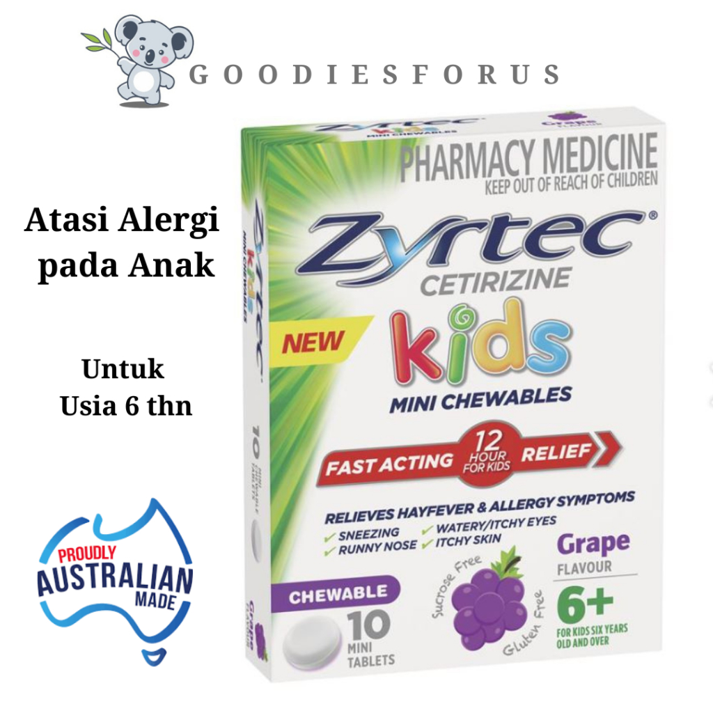 Obat alergi anak mulail usia 6thn  Zyrtec Australia tablet kunyah isi 10 Rasa Anggur/Produk Original