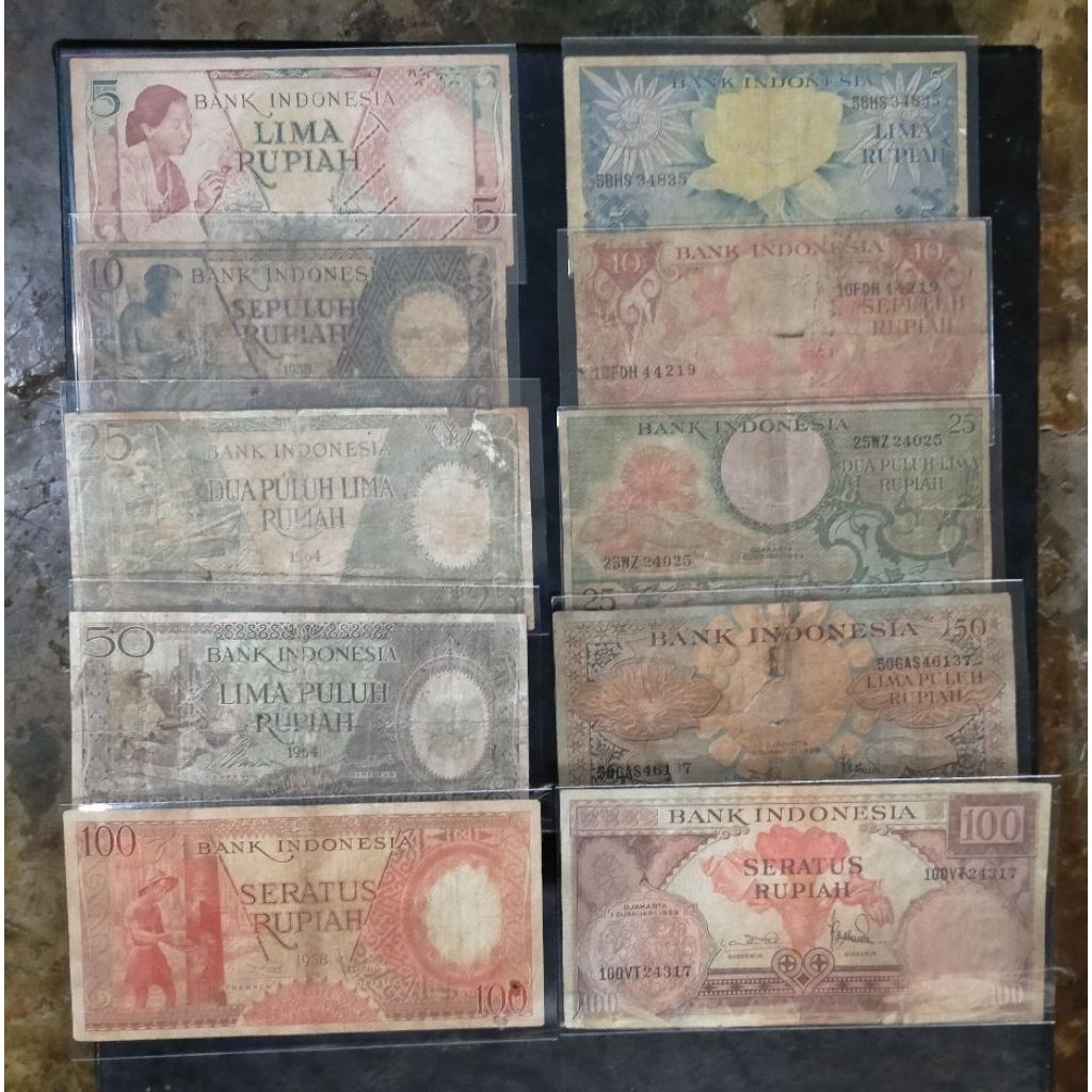 Paket 10 lembar uang seri bunga & seri pekerja 5 rupiah sampai 100 rupiah