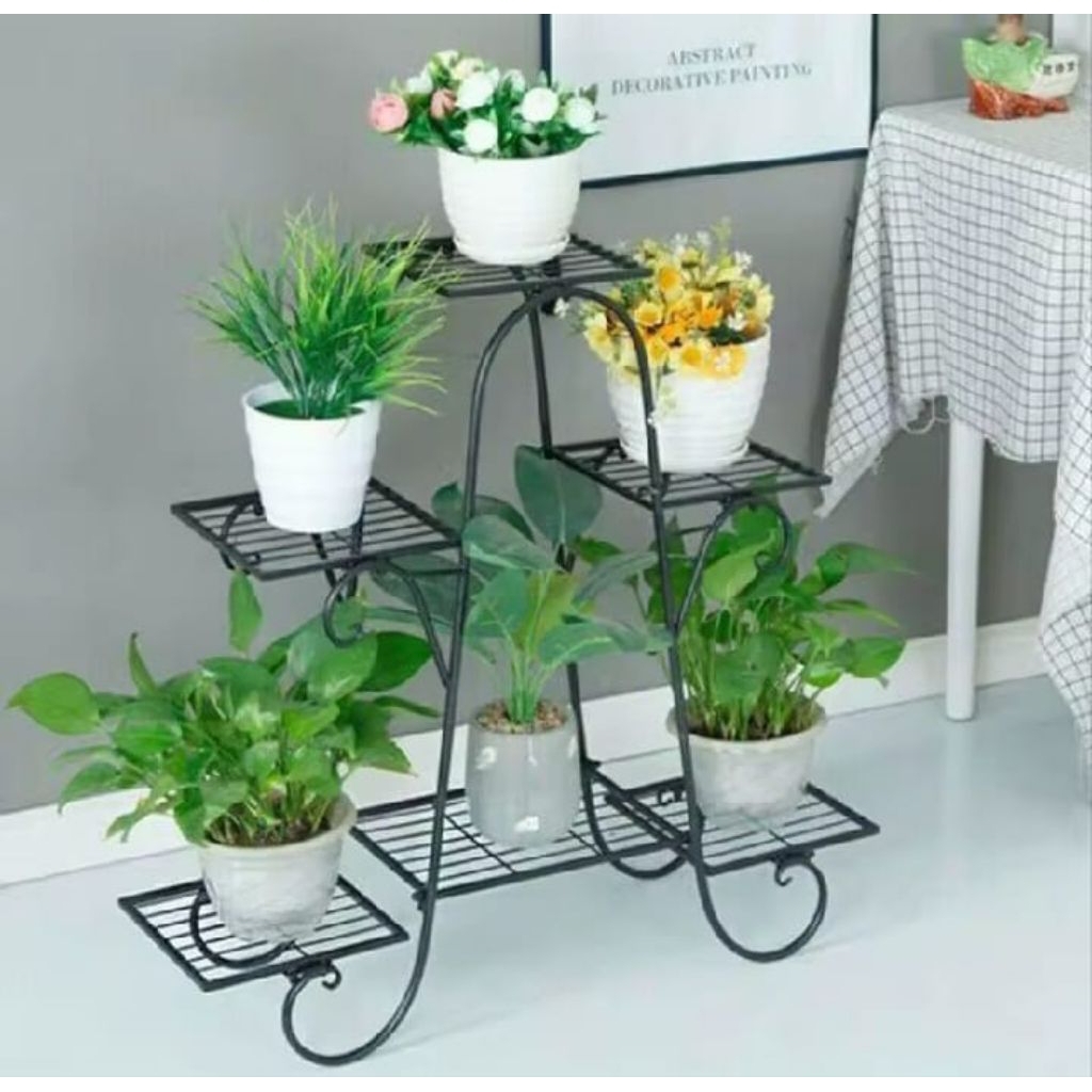 Rak Bunga Besi Susun 6 Tinggi 70cm dengan Finishing Hitam Putih
