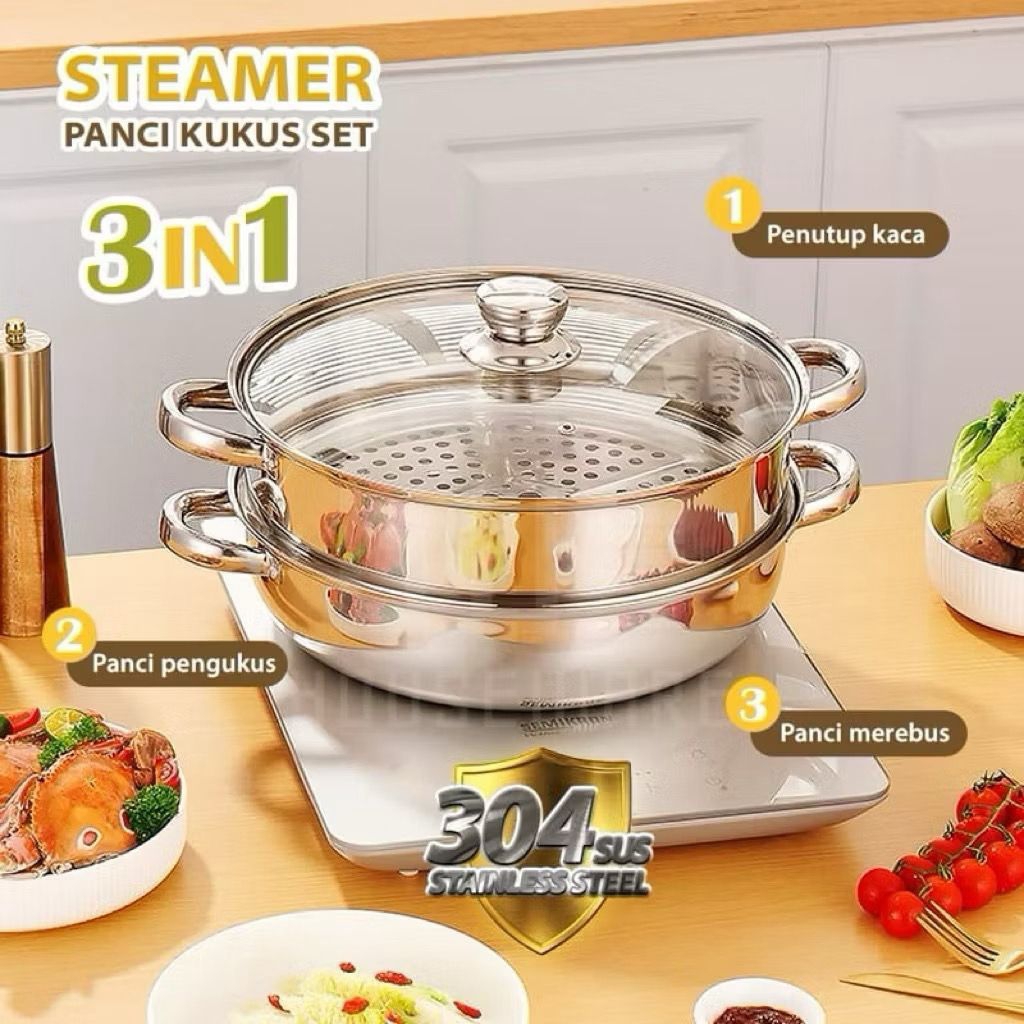 Panci Kukus Stainless BMW - Panci Steamer 2 Susun - Panci Kukus Bakpao Ikan Siomay - Panci Kukus Mur