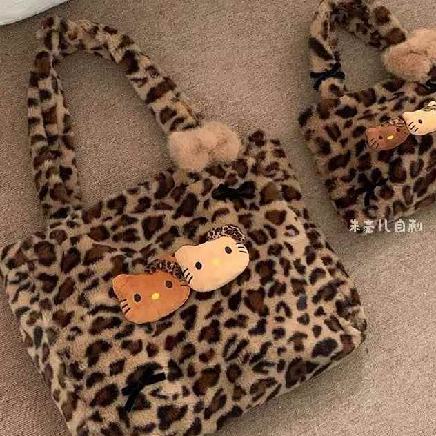 Tas Bulu Macan Tutul kitty Tote Bag Tas Bahu Kapasitas Besar Bulu