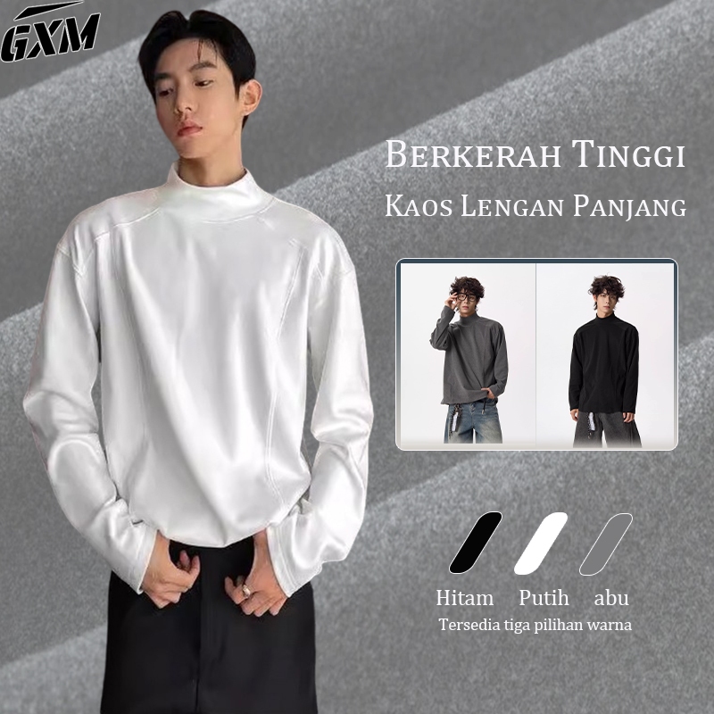 Atasan kasual pria, Kaos Turtle Neck Polos Lengan Panjang Pria Baju Kerah Leher Tinggi Lengan Panjan