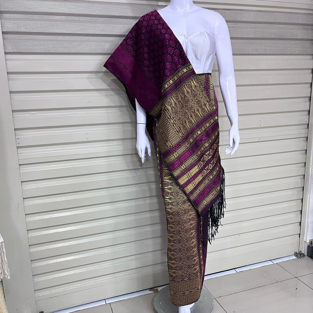 Set Songket Tumtuman + Selendang Warna Ungu Ivory | Benang Kristal Elegan