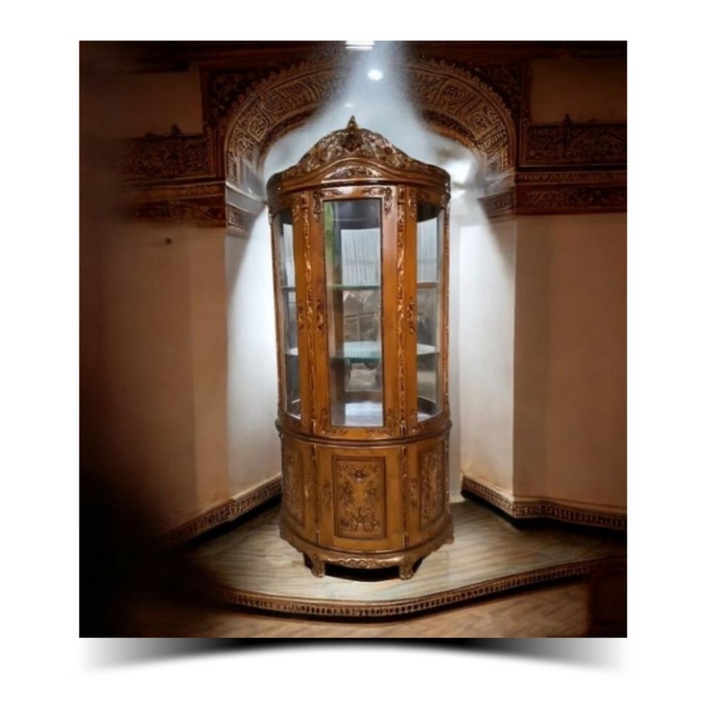 LEMARI HIAS LEMARI SETENGAH LINGKARAN LEMARI KACA LEMARI UKIR JEPARA KAYU JATI