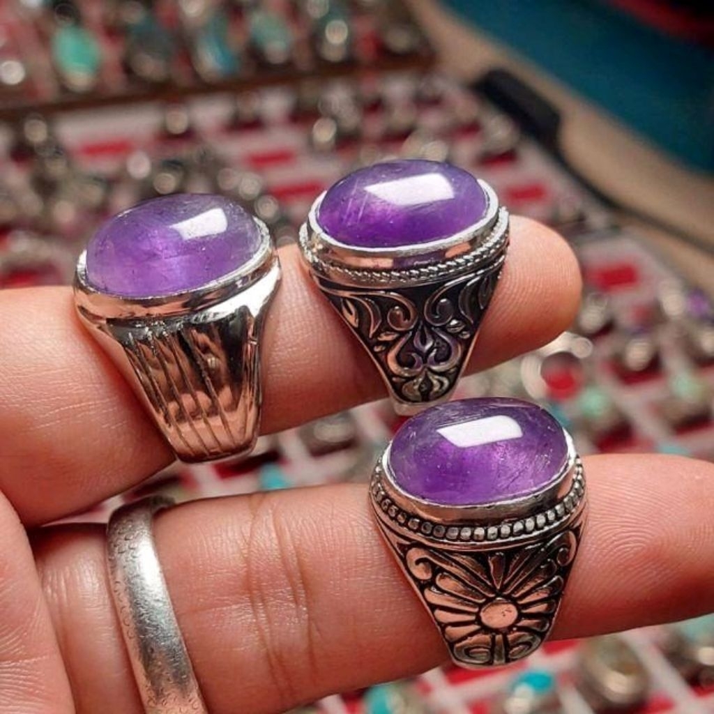 cincin batu kecubung ungu brazil dim 18mm natural asli alam berserat ring alpaka anti luntur
