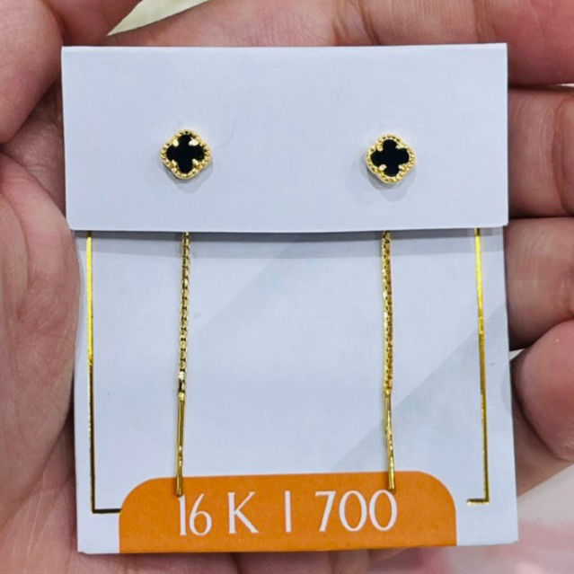 anting jarum clover hitam simple elegant emas asli kadar 700