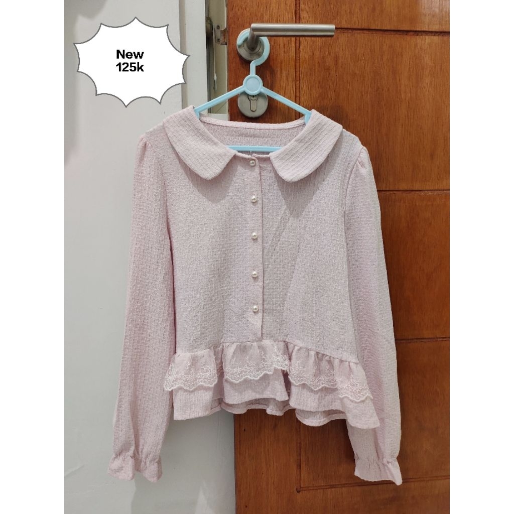 Baju atasan wanita blouse crop korea biru muda pink