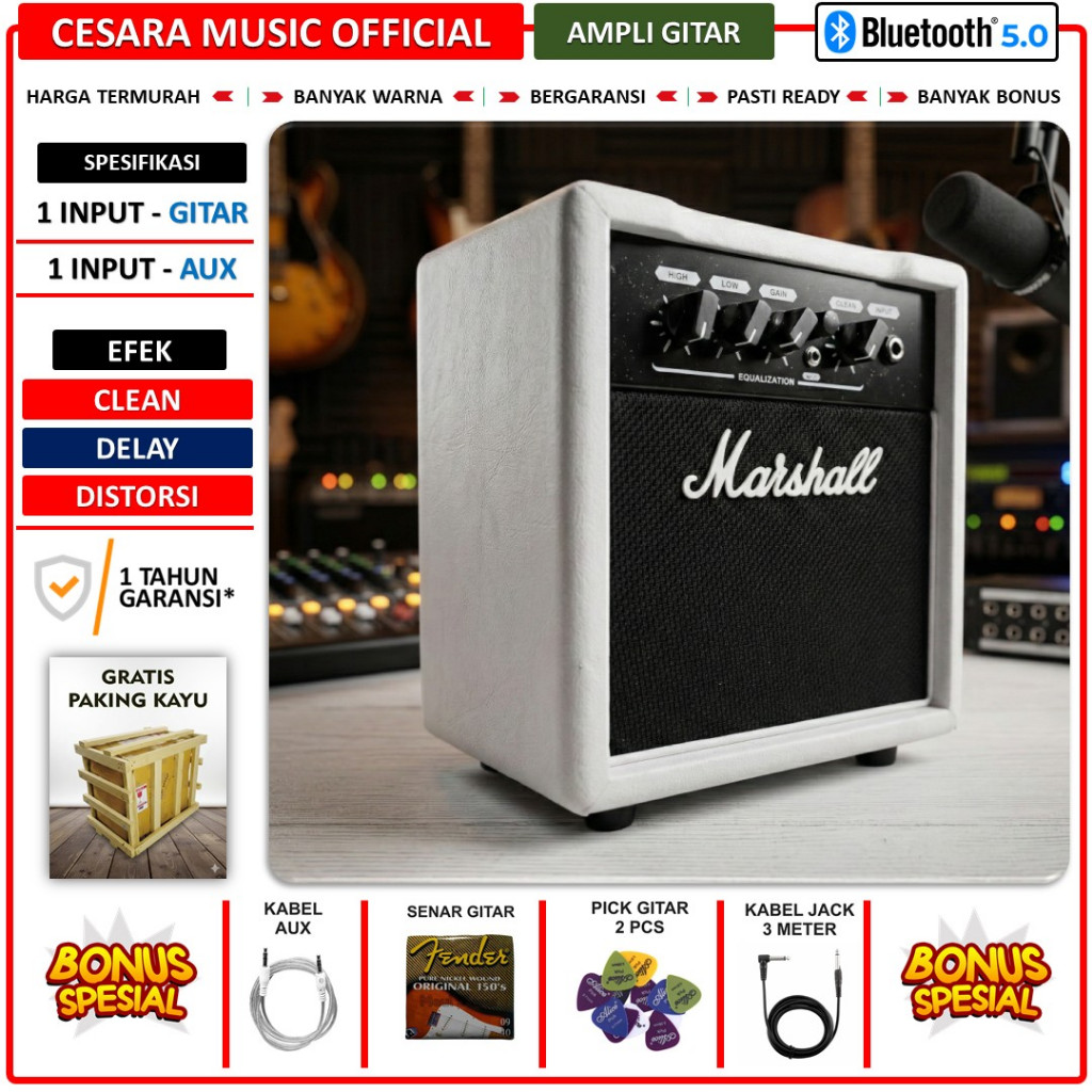 Ampli gitar & bass 5 inch bluetooth marshall distorsi 2 input bonus kabel jack,aux,pick putih