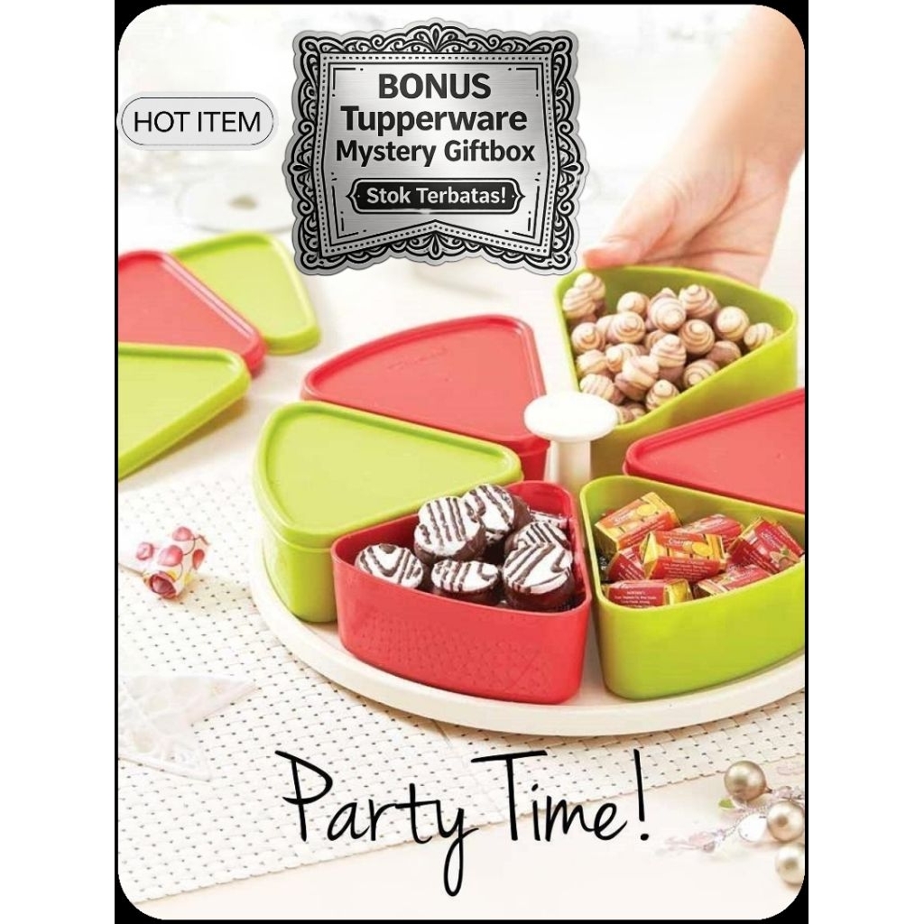 Tupperware Toples Modern Wadah Snack Tempat Kue Kering Kacang Coklat Permen Putar 6 Container Tray S