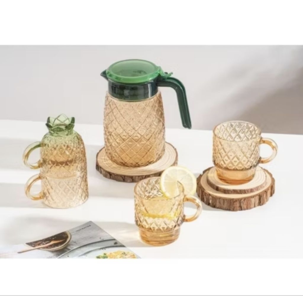 Pineaapple Glass Jug with Cups 5in1 Set Gelas Cup Cangkir Teko Kaca Motif Nanas 1100ml 270ml 200ml K