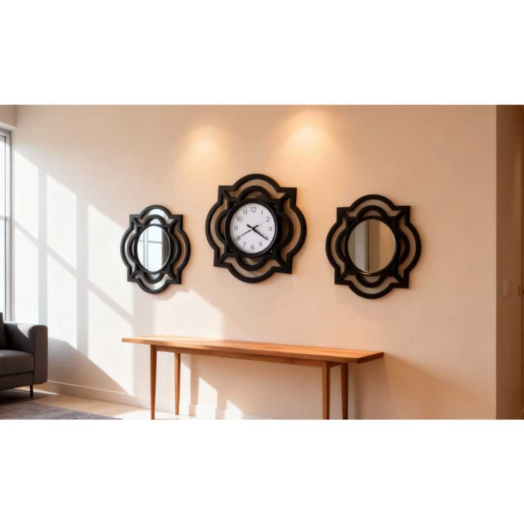 Set Jam Dinding & 2 Cermin Dekoratif – Frame Senada