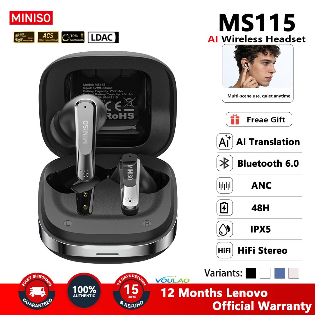 MINISO MS115 Bluetooth Earphone Headset TWS Wireless In Ear Earbuds AI Translation HD Call Noise Red
