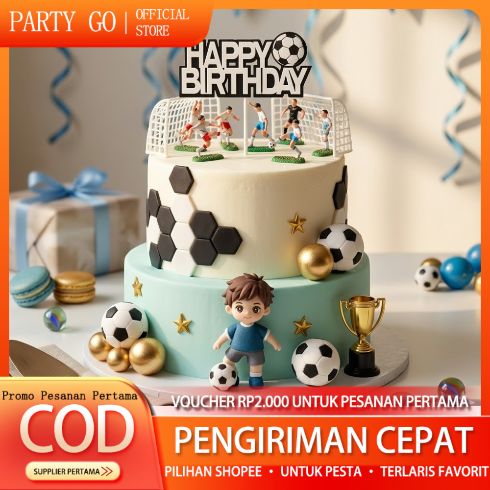 PARTYGO -  ( Topper Cake Tema Bola Sepak Bola Basket Sepak Bola ) untuk Hiasan Kue Ulang Tahun / Top